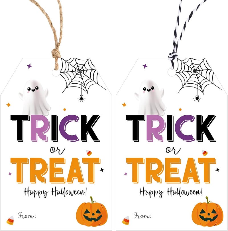 Alynta Halloween Tags with String - 50Pcs Happy Halloween Paper Gift Tags Trick or Treat Tag Pumpkin Ghost Name Tag Labels for Goodie Bags Gift Wrapping Halloween Decorations (White) - Image 1